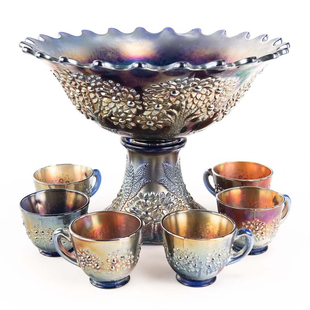 Carnival Glass: Fenton Orange Tree 8pc Punch Set: Blue with flared bowl. Fantastic radium color. It has a tiny little pulled point on one of the flutes, but is otherwise beautiful. See photos to judge condition and bid accordingly.