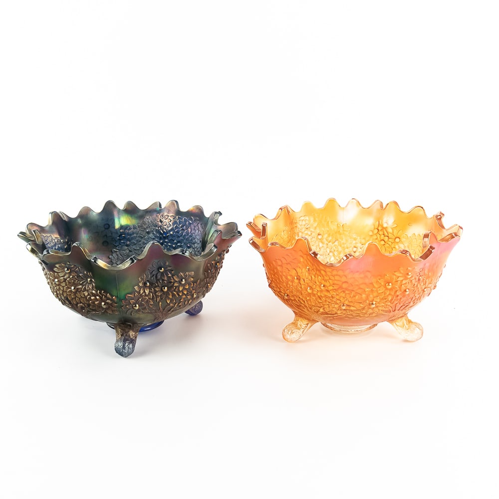 Carnival Fenton Orange Tree Fruit Bowls 2-Pc: Includes a blue bowl with a chip on the top edge, and a marigold bowl in great condition with absolutely wonderful iridescence. See photos to judge condition and bid accordingly.