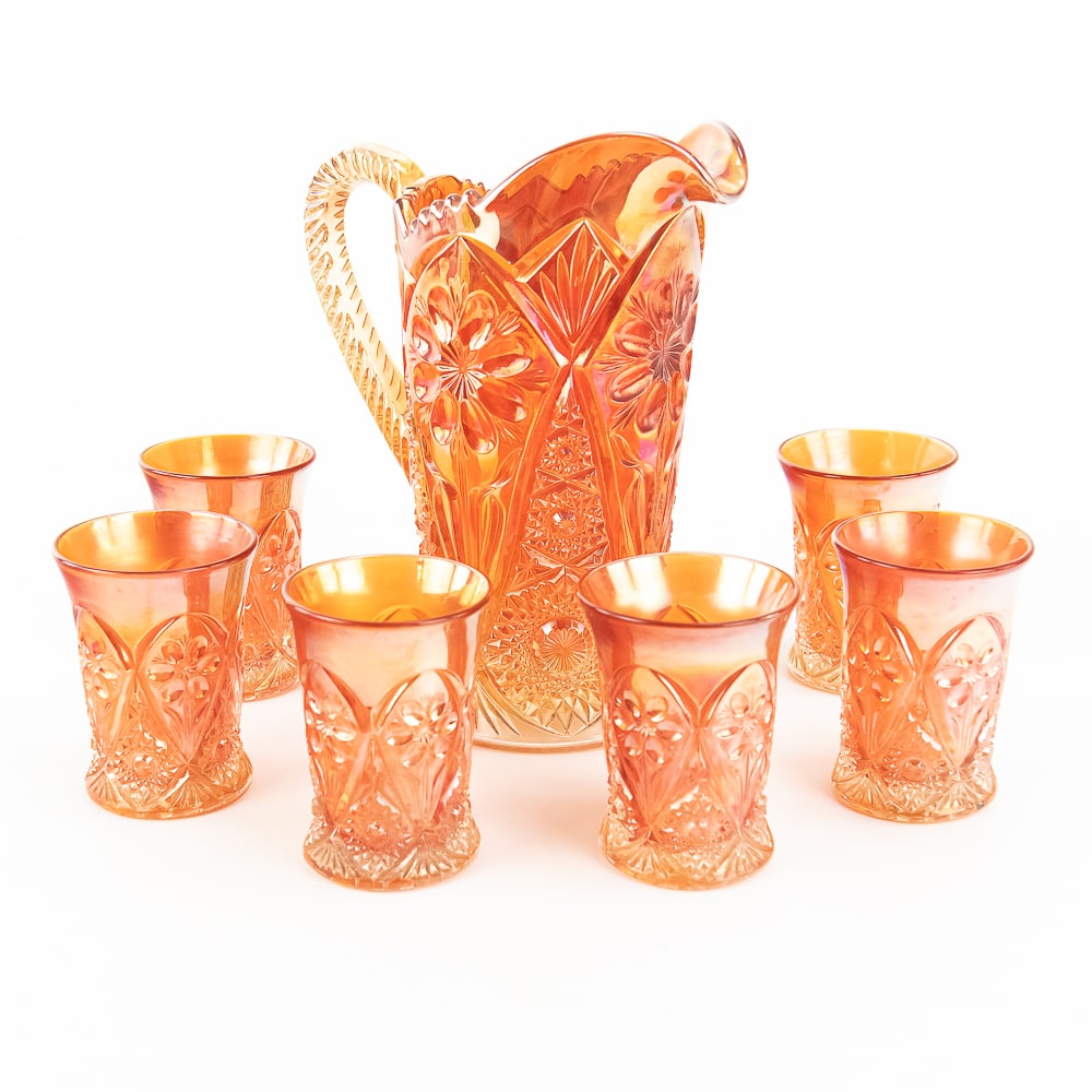 Carnival Glass: Imperial 474 7pc Water Set: Marigold. Pitcher and 6 tumblers in good condition. See photos to judge condition and bid accordingly.