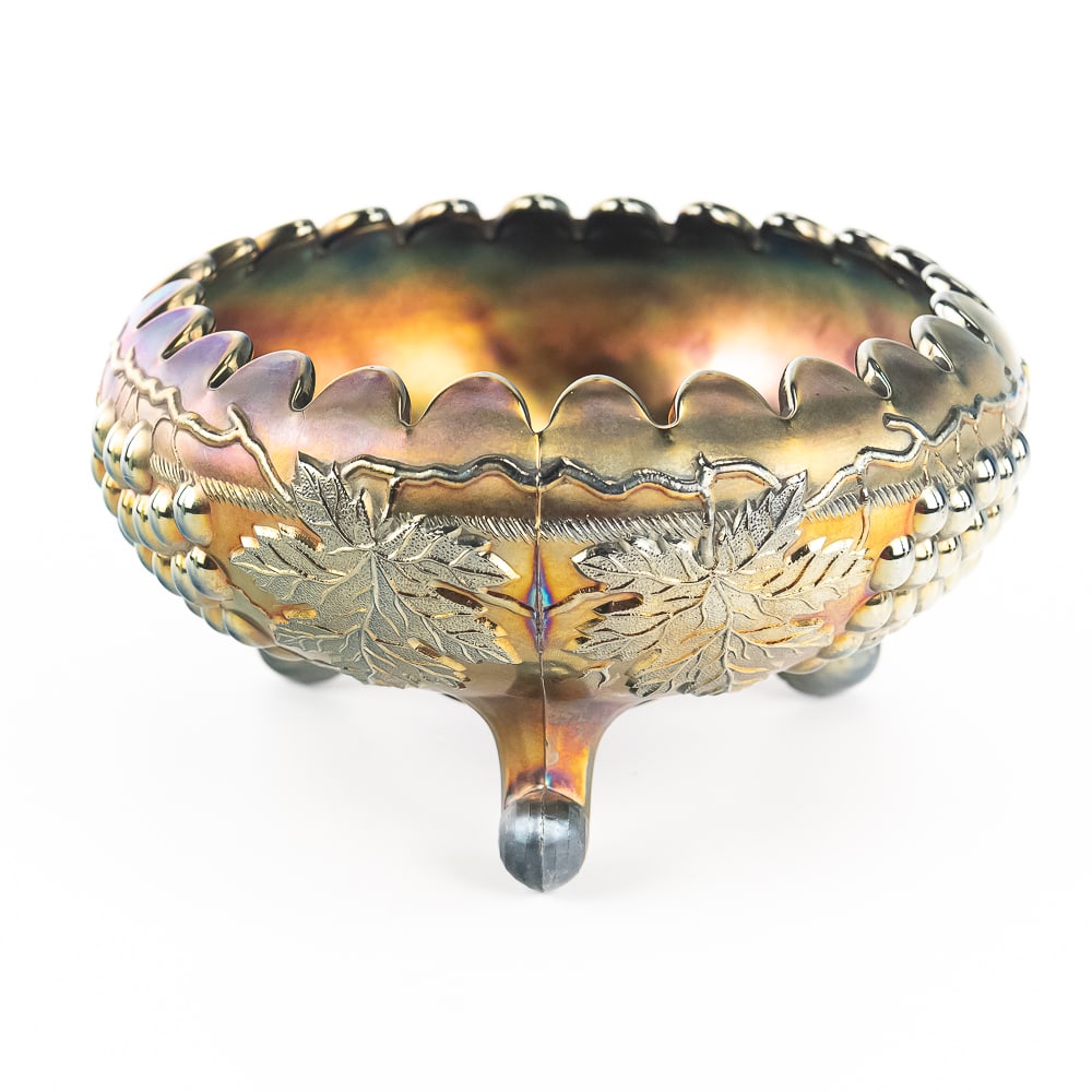 Carnival Glass N'wood Grape/Cable Ftd Center Bowl: Amethyst purple. Cupped-in shape with wonderful feet. Good condition.See photos to judge condition and bid accordingly.