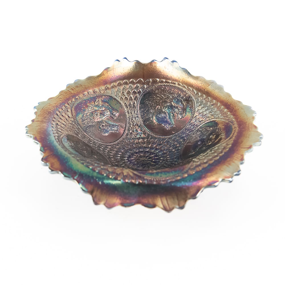 Carnival Glass: Fenton Horse Medallion Footed Bowl: Blue. Neat Jack-in-the-Pulpit shape with very pretty color. Good condition. See photos to judge condition and bid accordingly.7.5 in.