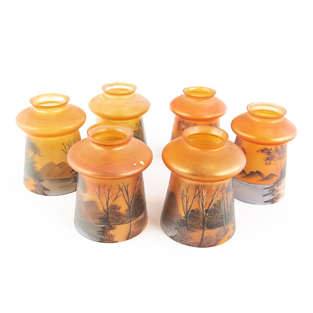 Carnival Glass: Czech Enameled Lake Shades 6pc Lot (1 of 11)