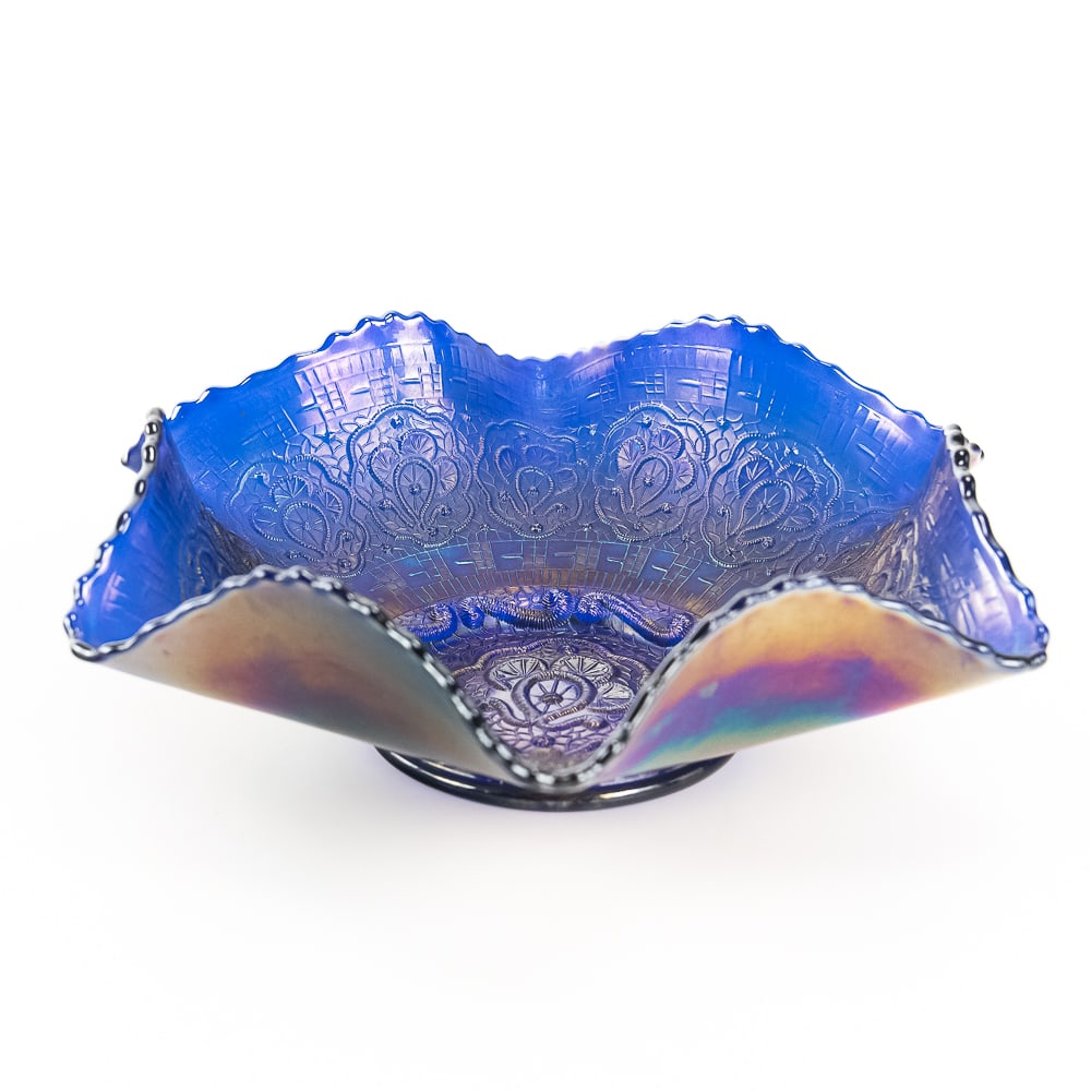 Carnival Gls Fenton Persian Medallion Ruffled Bowl: Blue. Very pretty blue color with very nice iridescence. Good condition. See photos to judge condition and bid accordingly.10.25 in.