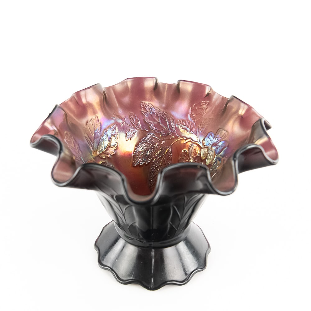 Carnival Glass: Dugan Dogwood Sprays Bowl: Amethyst purple. Very cool deep, ruffled shape in good condition. See photos to judge condition and bid accordingly.