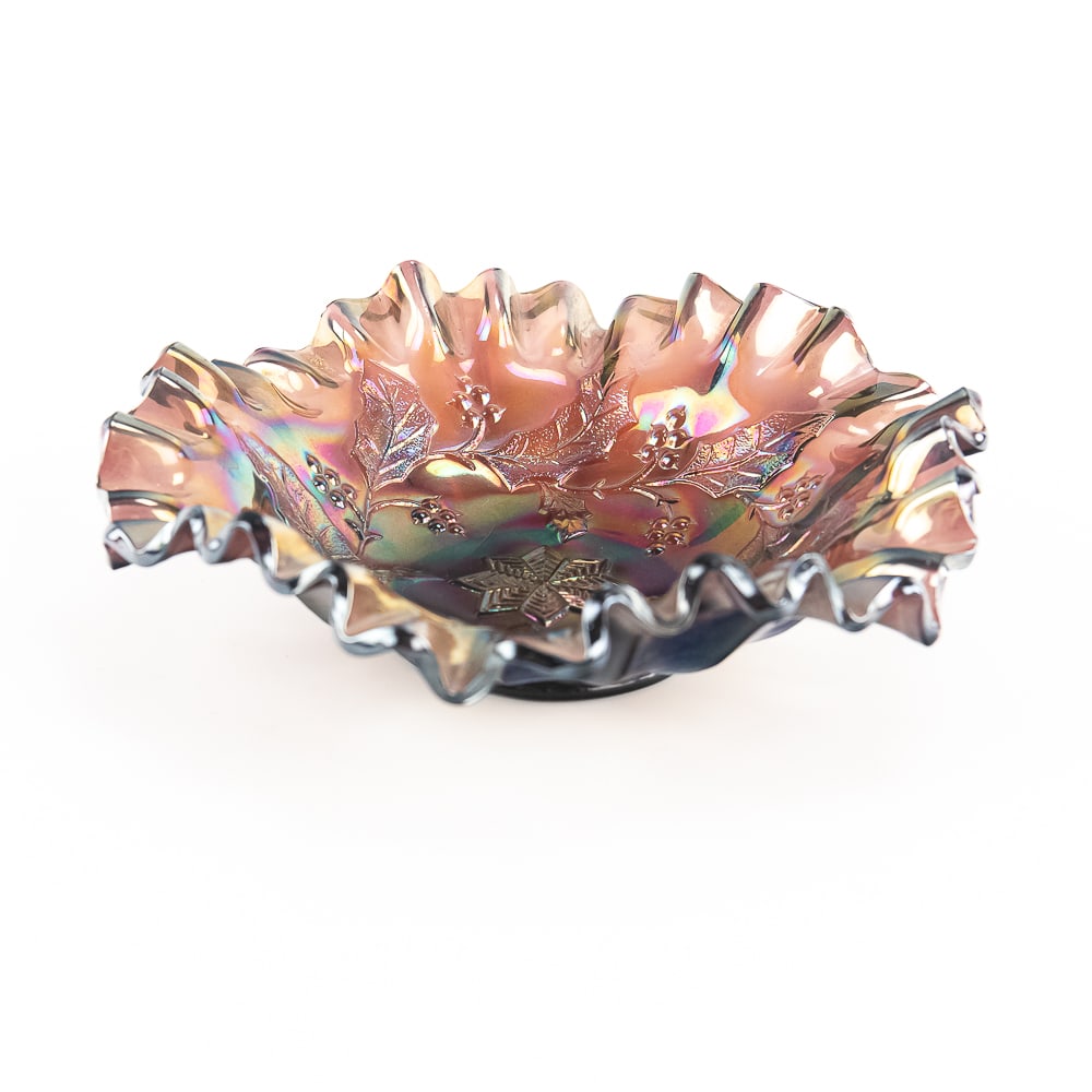 Carnival Glass: Millersburg Holly Sprig Bowl: Amethyst purple. Features an 8-point star in the center and beautiful iridescence. Good condition.See photos to judge condition and bid accordingly.8 in.