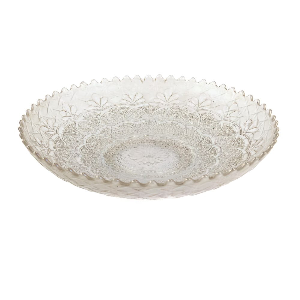 Carnival Glass: Dugan Persian Garden Bowl: White. Ice cream shape. An absolutely gorgeous big bowl with beautiful, frosty white iridescence. See photos to judge condition and bid accordingly.11.25 in.