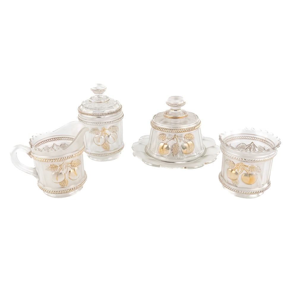 Carnival Glass: Northwood Peach 6pc Table Set: Very tough to find set in white with gold trim. Very pretty iridescence and the gold trim is in good overall condition with minimal wear. The creamer has a small fleabite on one scallop.See photos to 