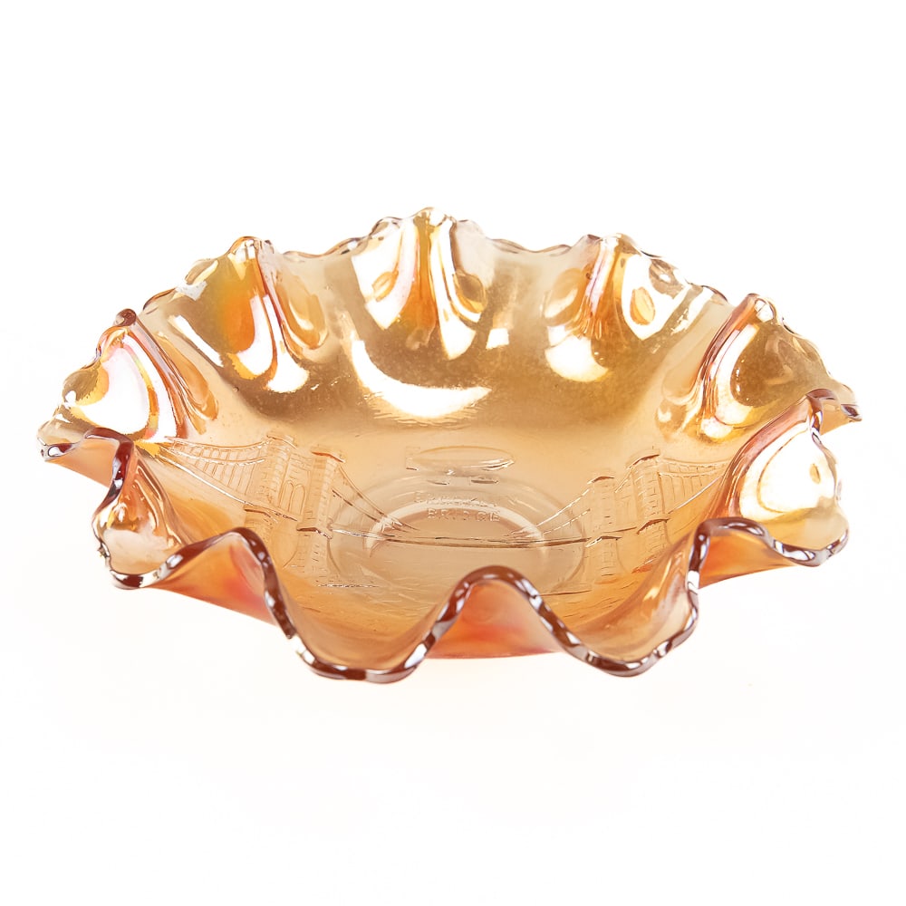 Carnival Glass Diamond Brooklyn Bridge Bowl: 10-ruffle bowl in marigold. Very nice bowl in good condition.See photos to judge condition and bid accordingly.8.25 in.