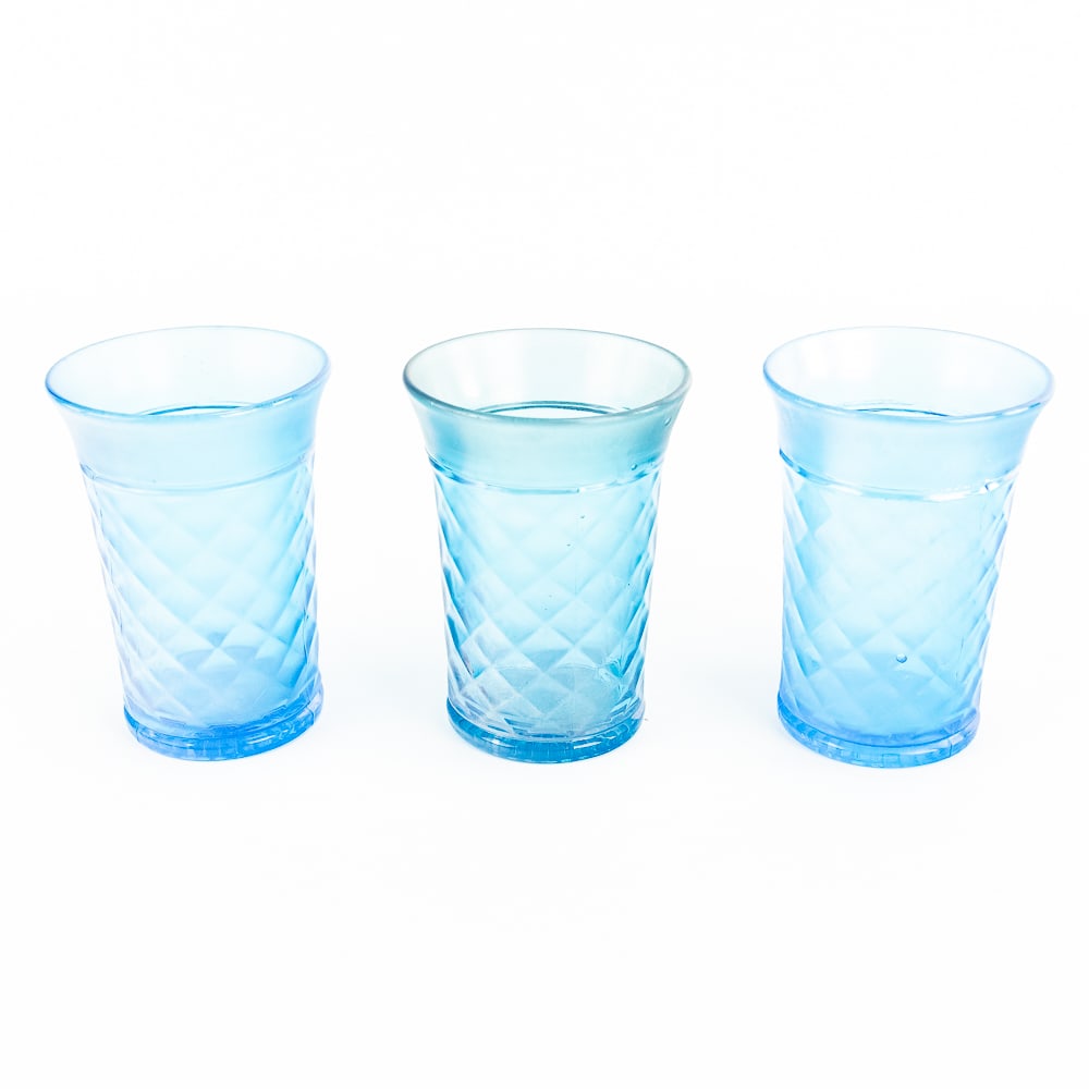 Carnival Glass: N'wood Tumblers 3-Pc: 3-piece lot of Northwood Concave Diamonds tumblers in Celeste blue. All in good condition. See photos to judge condition and bid accordingly.