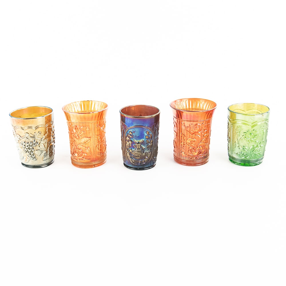 Carnival Glass: Imperial Tumblers 5-Pc: 5-piece lot of Imperial tumblers. Green Field Flower (fine condition). Green Imperial Grape (fine condition). Amethyst purple Windmill (very good condition, pretty iridescence). Two Luster Rose in mar