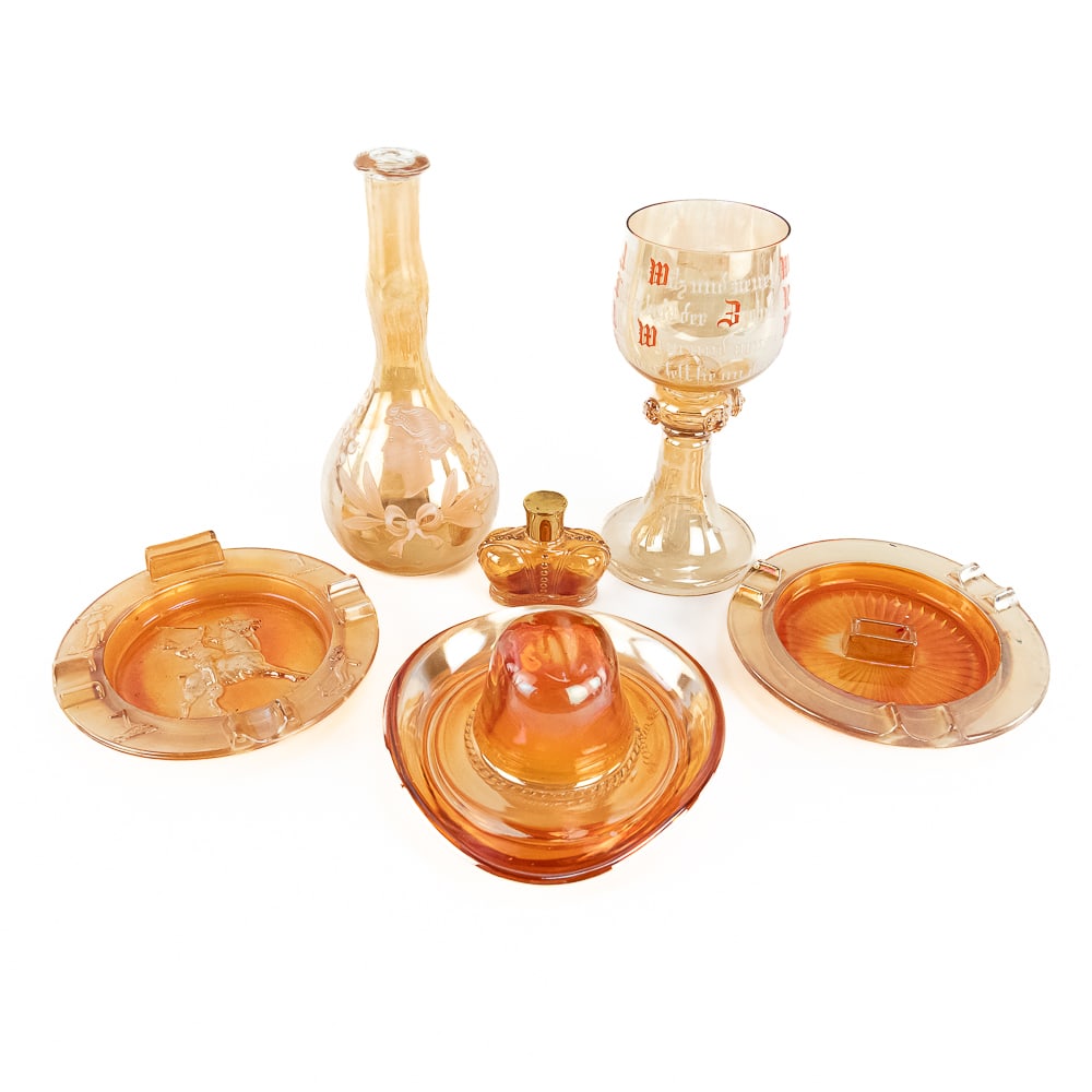 Carnival Glass Ashtrays & Bottles: 6-Pc Lot (1 of 15)