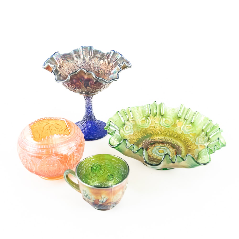 Carnival Glass Fenton: 4-Pc Lot: Includes a Captive Rose bowl in green (3-in-1 edge, good condition), a Persian Medallion large compote in blue (3-in-1 edge, pretty iridescence), a Persian Medallion hair receiver in marigold (good co