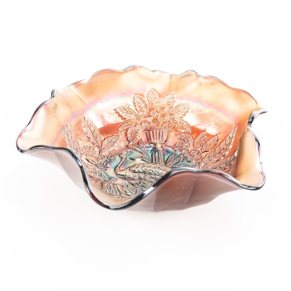 Carnival Glass M'burg Peacock Large Bowl: Amethyst purple color with very nice iridescence. Difficult bowl to find. Has a large chip out of the base.See photos to judge condition and bid accordingly.