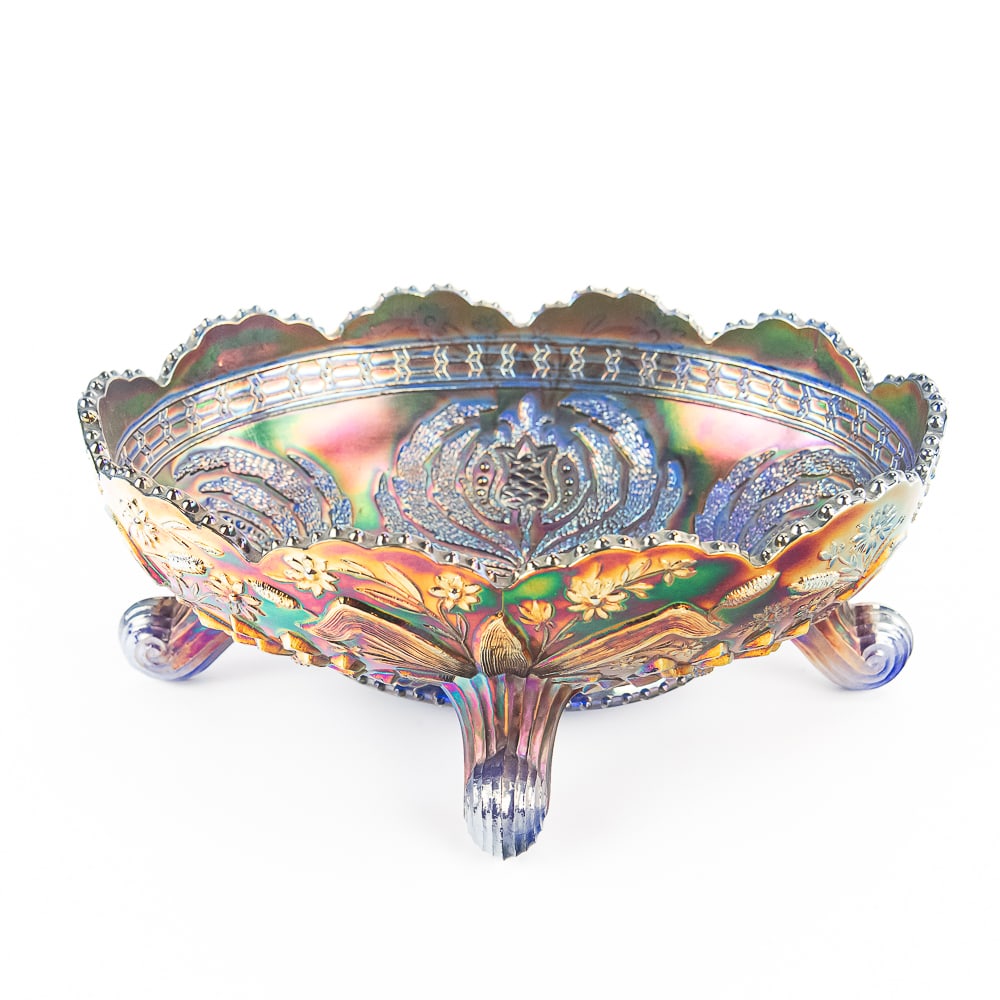 Carnival Glass: Fenton Thistle Banana Boat: Blue. Breathtaking iridescence on both the inside and outside. Scroll footed. Super condition. See photos to judge condition and bid accordingly. 10 1/2" x 8" x 4"