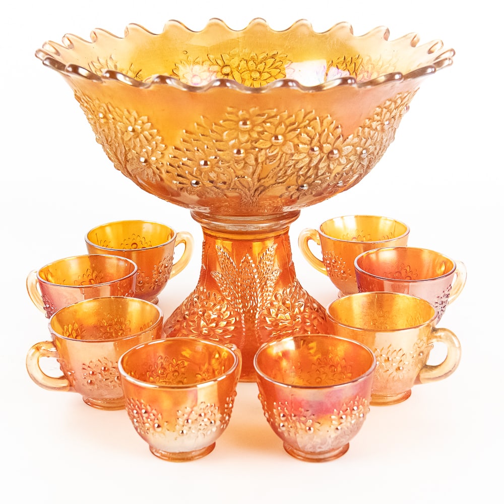 Carnival Glass Fenton Orange Tree 10-Pc Set: Marigold with a flared top. Three of the cups have small base chips.See photos to judge condition and bid accordingly.