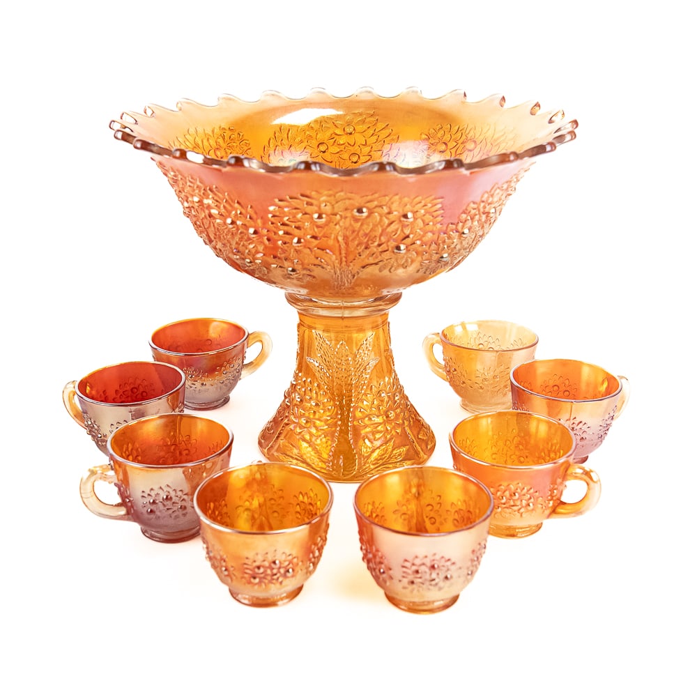 Carnival Glass Fenton Orange Tree 10-Pc Set: Marigold with an unusual flared top. Condition is good.See photos to judge condition and bid accordingly.