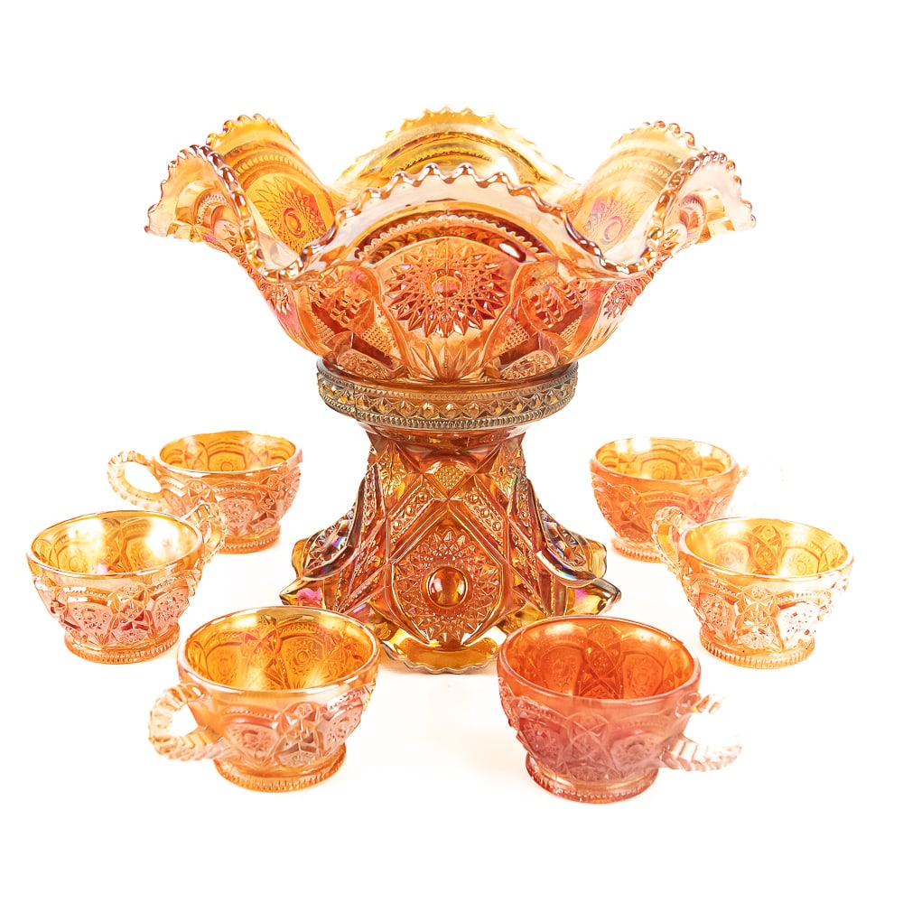 Carnival Glass Imperial Fashion 8-Pc Set: Marigold. One cup has been broken and glued back together, otherwise very pretty and in very good condition.See photos to judge condition and bid accordingly.