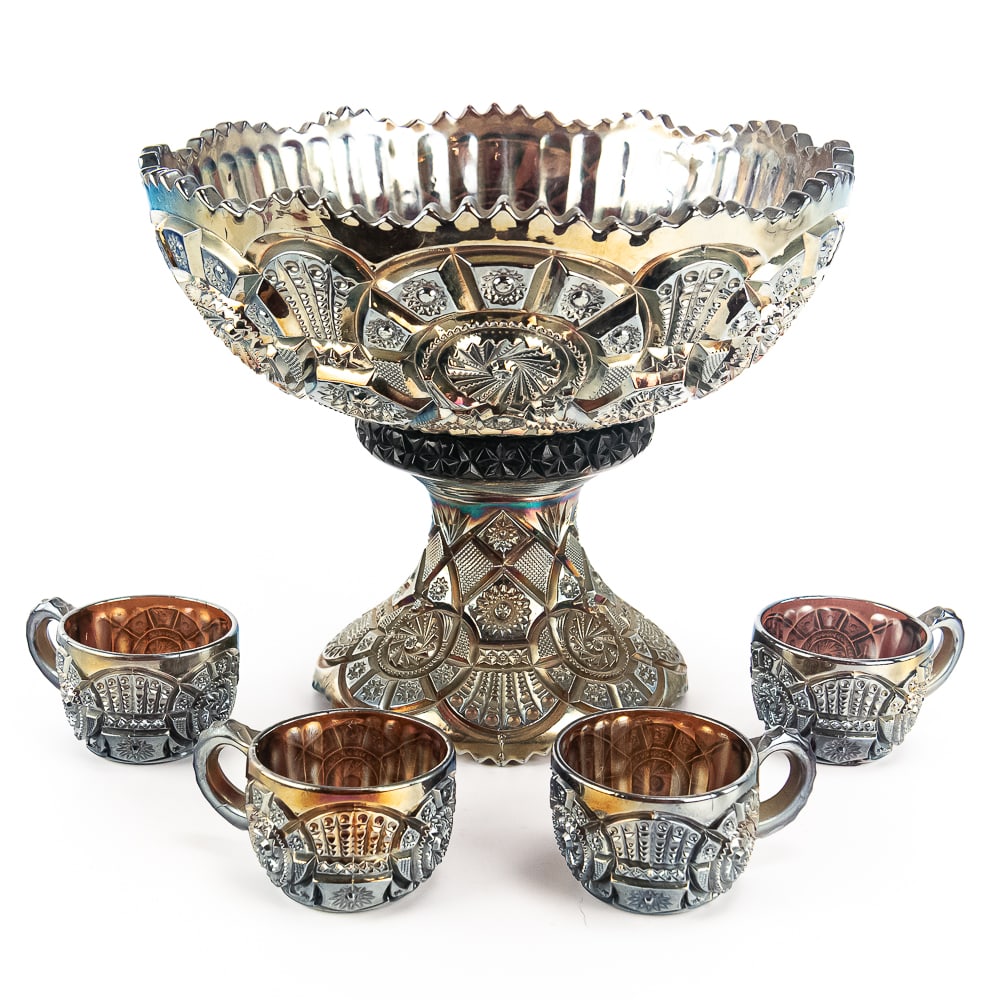 Carnival Glass Imperial Broken Arches 6-Pc: Amethyst purple with a gunmetal iridescence. Very hard to find set. Two of the cups have a couple of flakes and roughness around the bases.See photos to judge condition and bid accordingly.