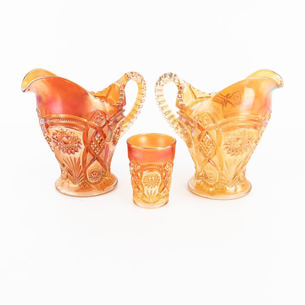 Carnival Glass: Imperial Fashion 3-Pc: 3-piece lot of Imperial Fashion in marigold. Includes two pitchers (8 1/2 in tall) and a matching tumbler. All are in fine condition with beautiful iridescence. See photos to judge condition and bid a