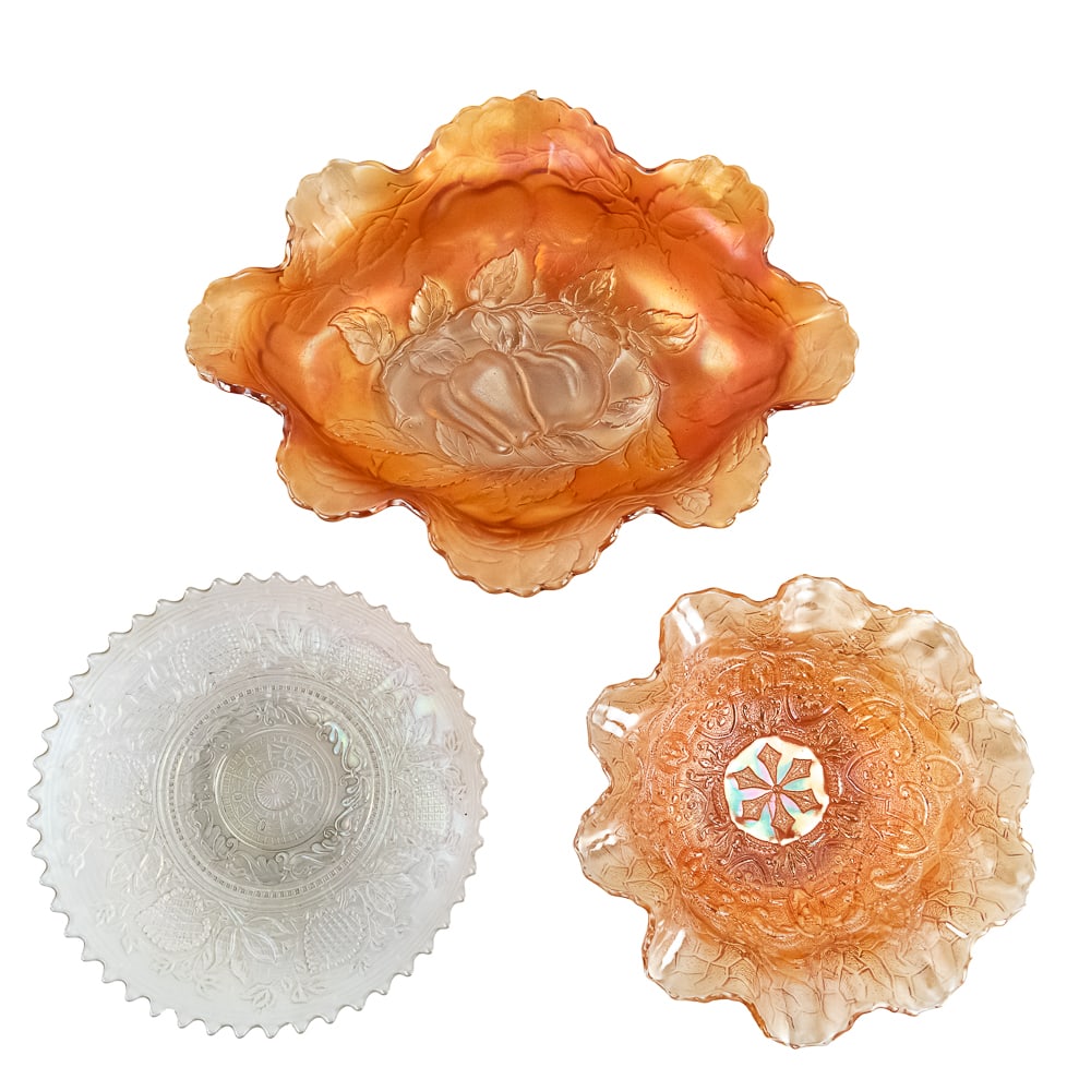 Carnival Glass: Dugan Diamond 3pc Lot: Includes a beautiful big 12.5 in. Peach and Pear banana bowl in marigold, an 8 in. Garden Path Variant ruffled bowl with soda gold exterior and bright iridescence (very small chip on base), and a whit