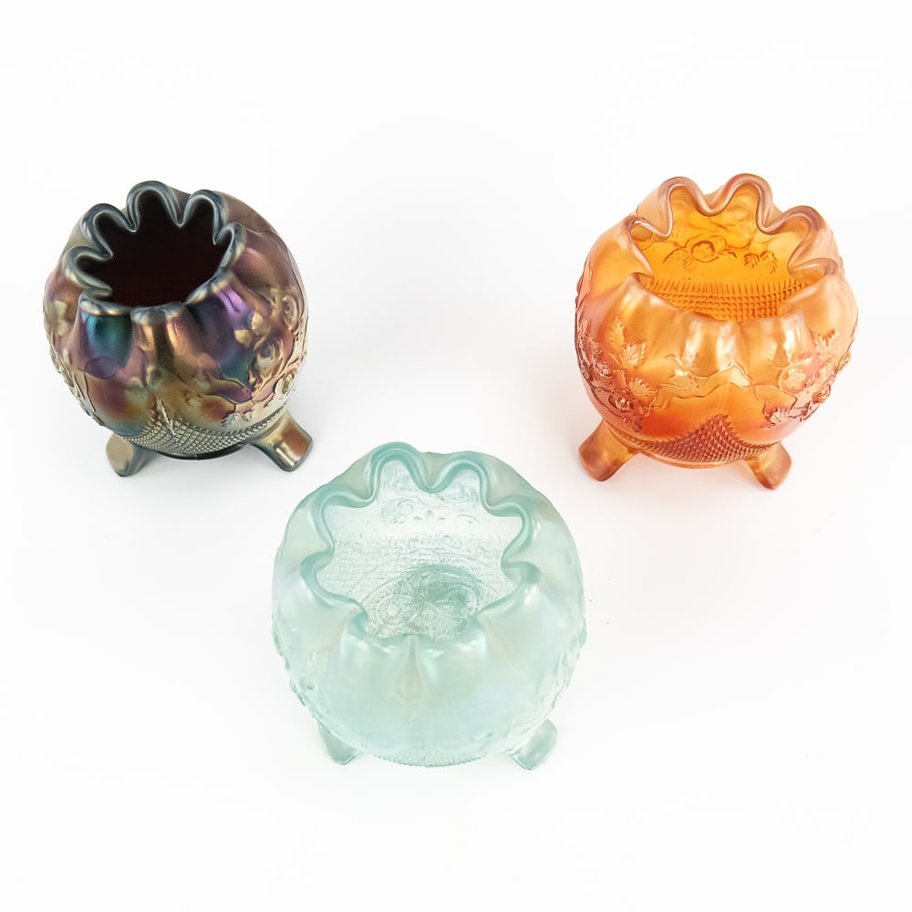 Carnival Northwood Fine Cut & Roses Rose Bowls 3pc: Includes a marigold rose bowl with a plain interior, an ice blue rose bowl with a fancy interior, and an amethyst rose bowl with a plain interior. All three have minor foot chips. See photos to judge 