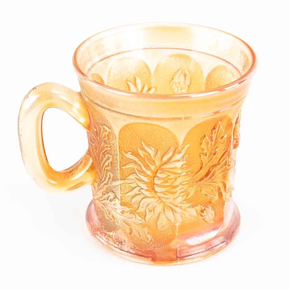 Northwood Dandelion Knights Templar Marigold Mug: Good iridescence and wonderful stippling - No chips or cracks. Dated Pittsburgh May 27, 28, 29, 1912.