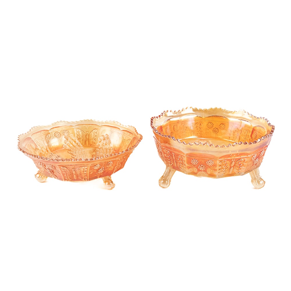 Carnival Glass: Fenton Bowls 2-Pc Lot: 2-piece lot of Fenton. Butterfly and Berry master footed bowl in marigold. Fantail footed bowl in marigold. Both are in great condition with no damage. See photos to judge condition and bid accordingl