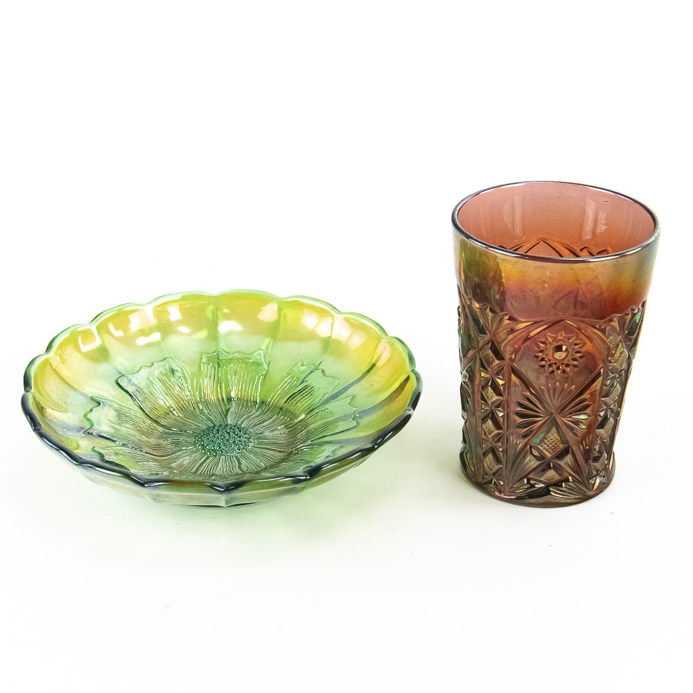 Carnival Glass Millersburg 2-Pc Lot: Includes a Millersburg Cosmos ice cream shaped bowl in green (very nice radium iridescence, good condition) and a Marilyn tumbler in amethyst (very pretty iridescence, rough/nibbled base).See photos t