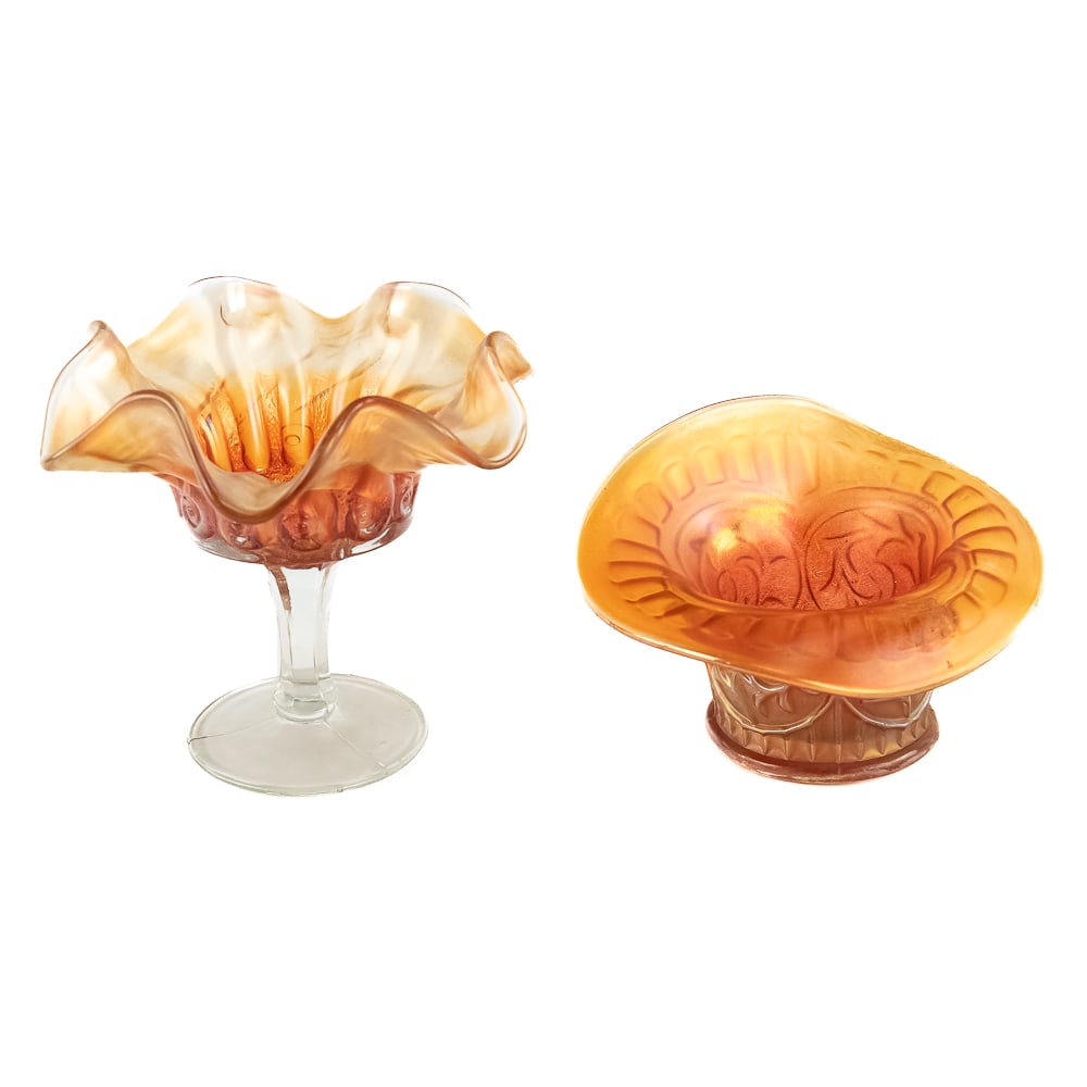 Carnival Glass Dugan/Diamon 2-Pc Lot: Includes a Circle Scroll Jack-in-the-Pulpit shaped hat in marigold, and a Constellation compote in marigold. Both in good condition. See photos to judge condition and bid accordingly.
