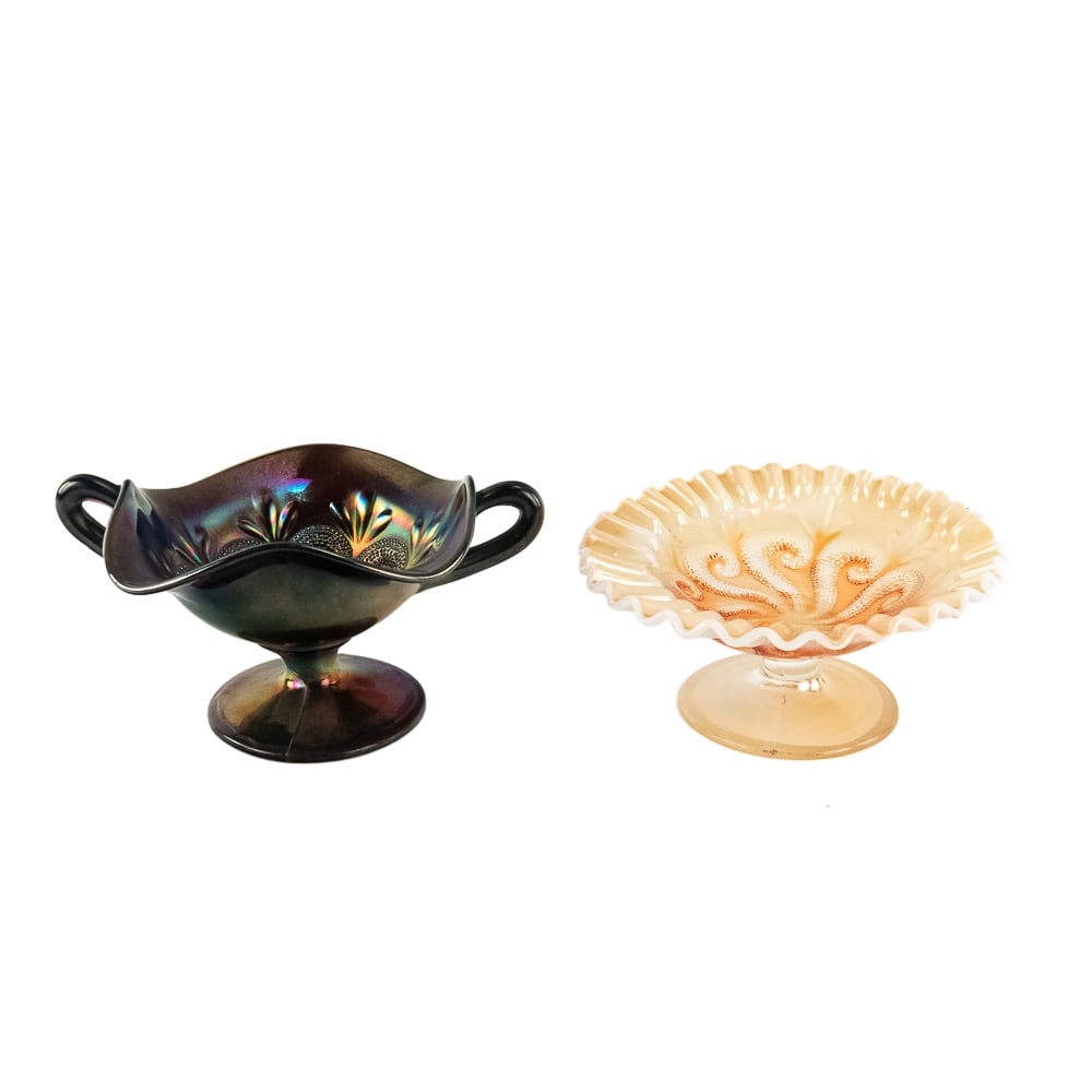 Carnival Glass Dugan Question Marks: 2-Pc Lot: Includes a purple two-handled bonbon with beautiful iridescence, and a very pretty peach opal crimped compote.See photos to judge condition and bid accordingly.