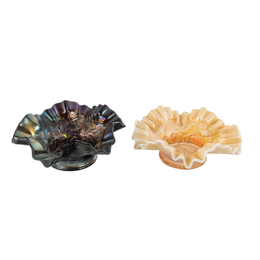 Carnival Glass Dugan 6-Petal Bowls: 2-Pc Lot: Includes two crimped and ruffled bowls. One is a very pretty dark purple with absolutely no damage, and the second is a matching peach opal, also with no damage. See photos to judge condition and bid 