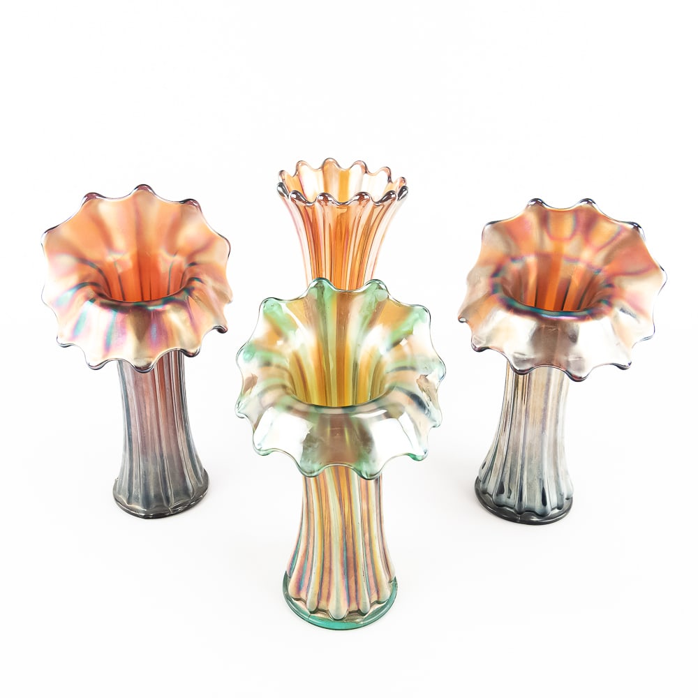 Carnival Glass: Westmoreland Corinth Vases 4pc Lot: Includes two 9.5 in. matching Jack-in-the-Pulpit amethyst vases, an 8.75 in. teal Jack-in-the-Pulpit, and a 9.75 in. regular vase in very light amethyst. Good condition. See photos to judge condition 