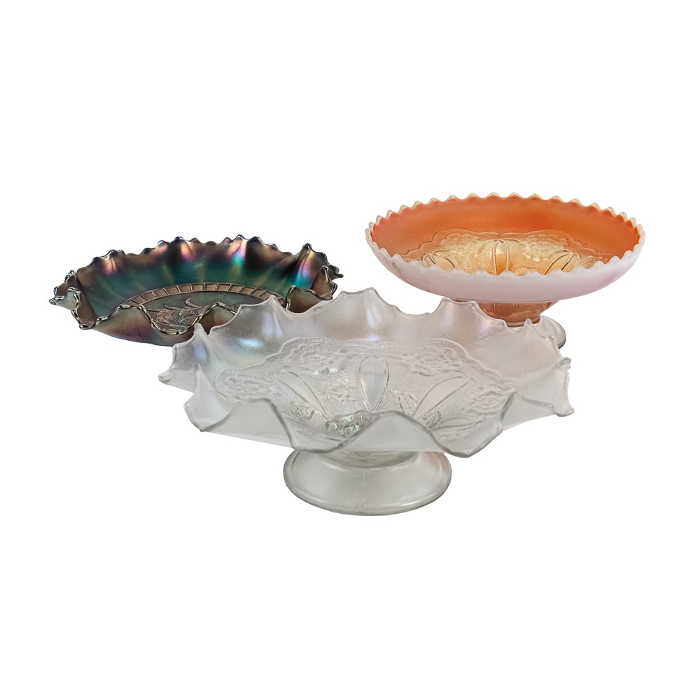 Carnival Glass: Dugan Diamond Bowls 3pc Lot: Includes a ruffled white double-stem rose bowl, a ruffled blue Windflower bowl, and a peach opal double stem rose bowl (the peach opal bowl has some peeling on the base). Otherwise good condition. See
