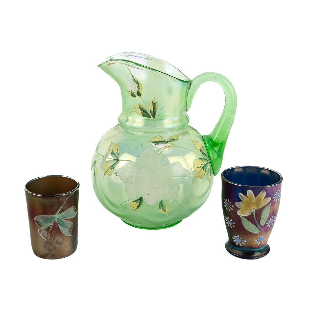 Carnival Glass Enameled: 3-Pc Lot (1 of 10)