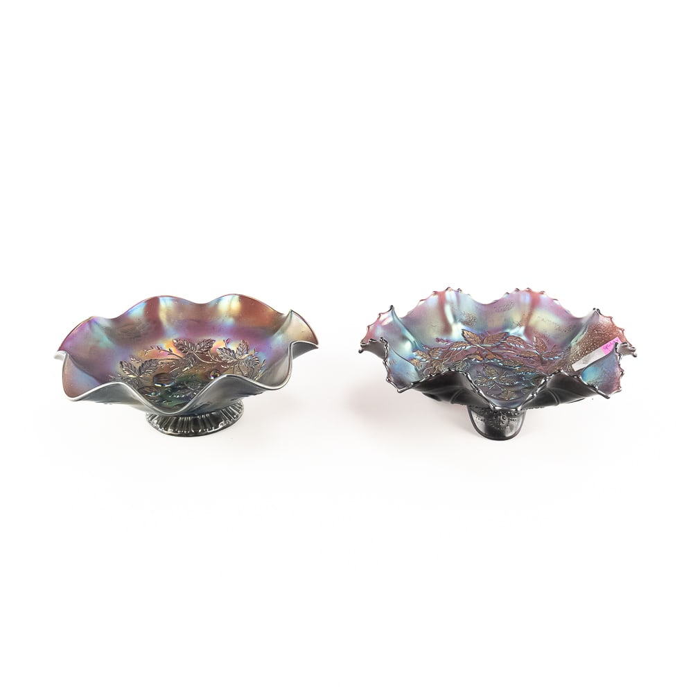 Carnival N'wood Glass Three Fruits Medallion: 2-Pc: Amethyst purple. Includes a domed bowl (manufacturer split on one ruffle, unique vintage back only), and a spatula-footed version (no damage, but blotchy iridescence).See photos to judge condition and