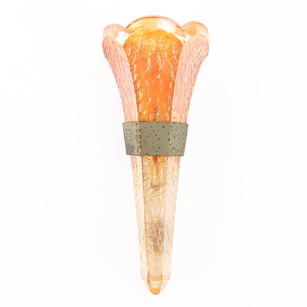 Jeannette Glass Co. Marigold Automobile Bud Vase: A neat little slice of almost unknown history from back in the 1920s and 30s. This crackle pattern carnival glass vase was probably mounted in a Ford Model A or other vehicle from that time, with the 