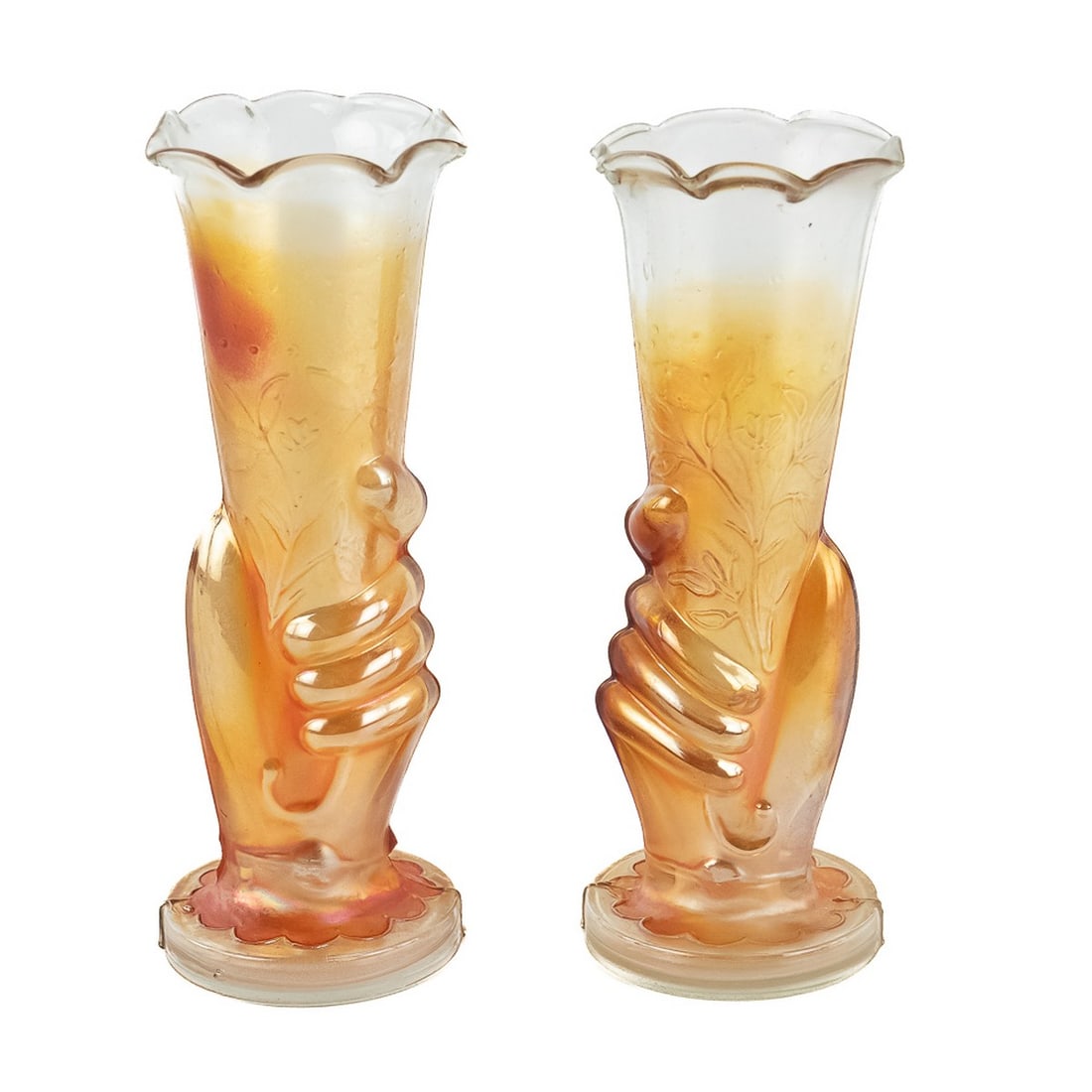 Carnival Glass Jane Hand Vases Pair: Marigold pair of hand vases (a left and a right). Condition is good with no issues.See photos to judge condition and bid accordingly.8.25 in. tall