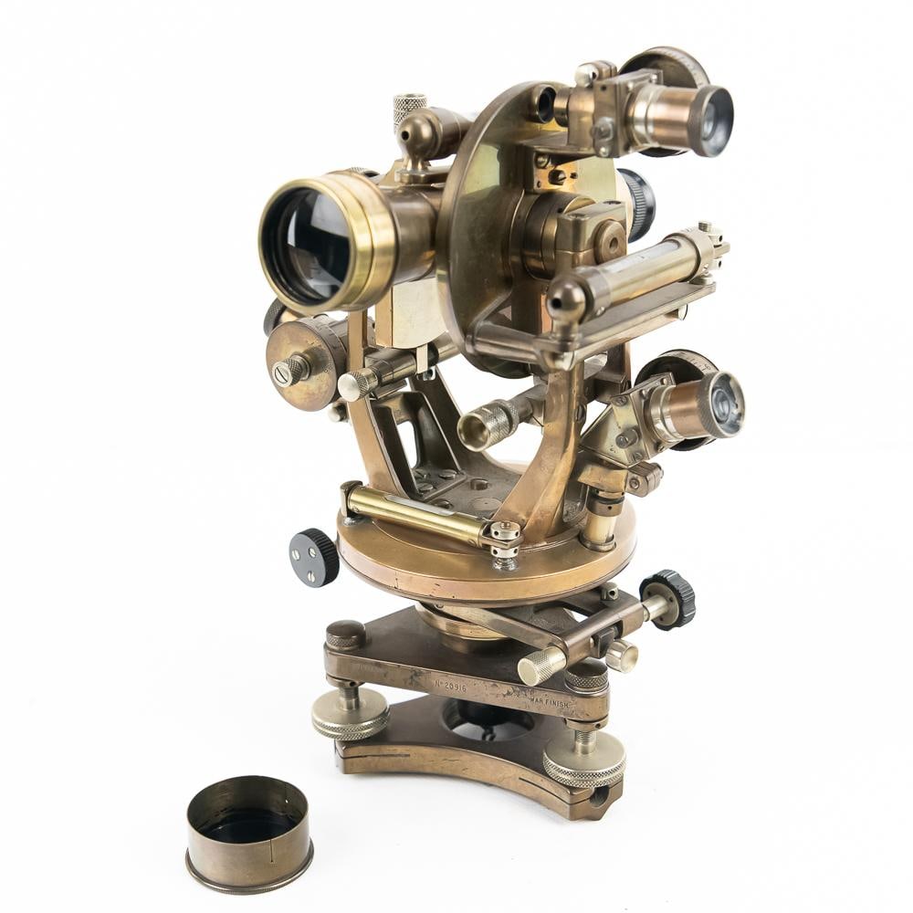 1940 E.R. Watts & Son Brass Theodolite: This is a magnificent example of British precision engineering: a 1940-dated brass vernier theodolite manufactured by the prestigious E.R. Watts & Son of London. A true wartime instrument, it features