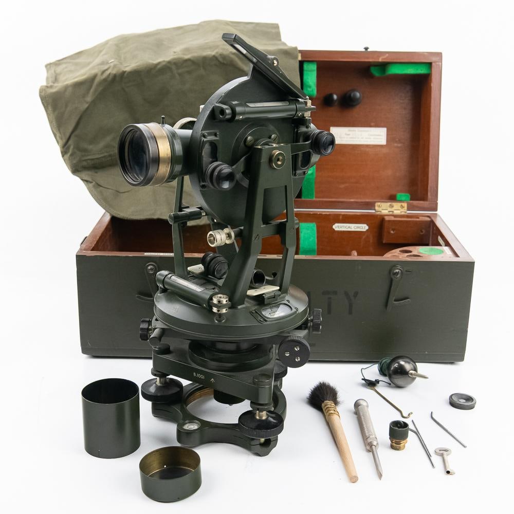 E.R. Watts & Son London Transit Theodolite W/Key: This precision E.R. Watts & Son Ltd. (London) transit theodolite, serial no. 31274, is a superb example of mid-20th-century British engineering. Finished in a functional military-style olive drab,