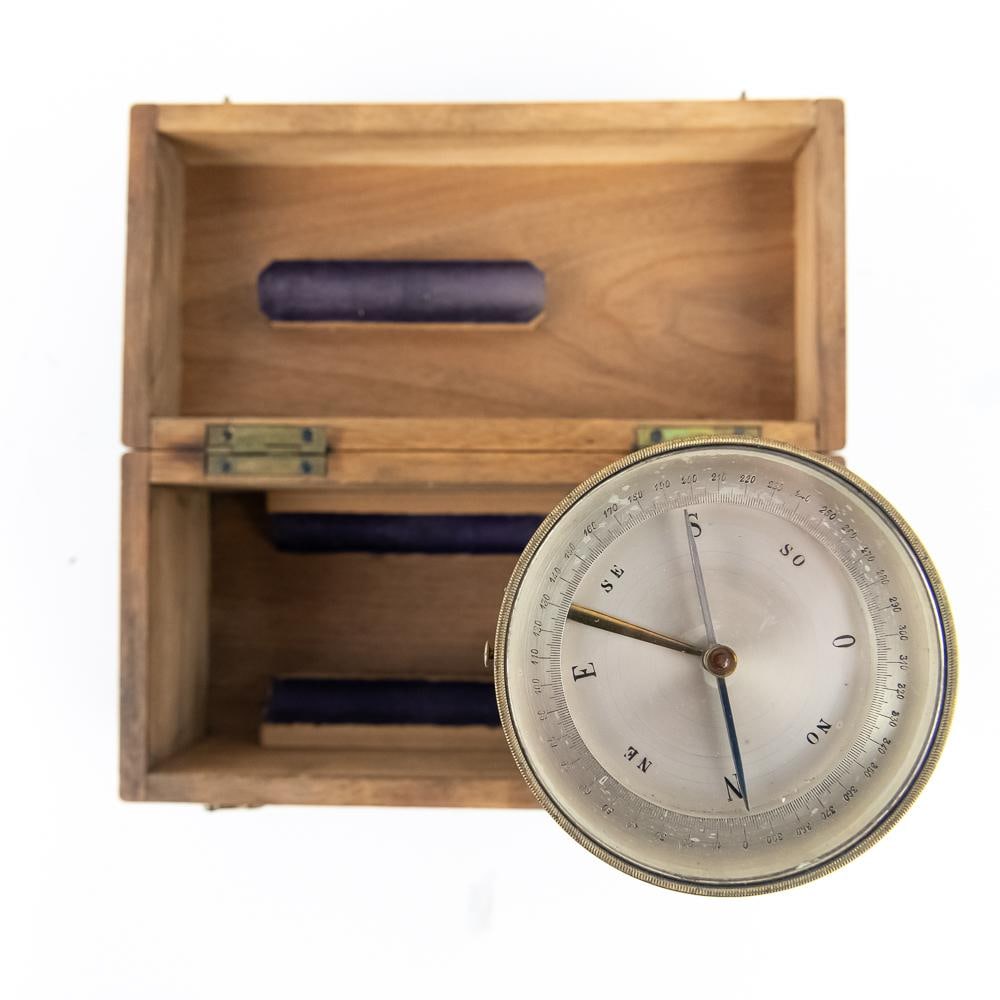 Antique Brass Prismatic Surveyor's Compass W/Case: This 19th-century scientific instrument is a high-quality, professional-grade brass prismatic surveyor's compass, likely of British or American manufacture. The device features a silvered dial with