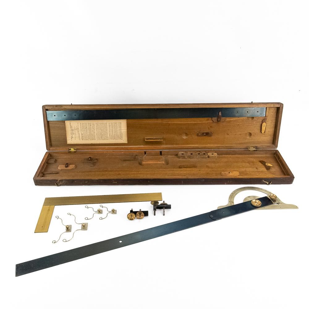 Antique Wooden Cased Trigonometer Drafting Tool: Housed in its original mahogany case, this late 19th or early 20th-century precision drafting instrument is an exceptional piece of engineering history. The "Trigonometer," as indicated by the intact