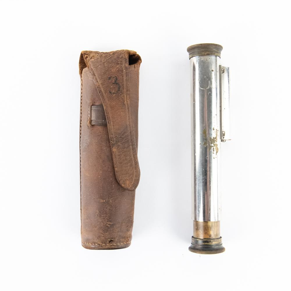 Vintage Hand Level Survey Instrument: Vintage Surveying Hand Level used by surveyors to determine horizontal alignment and measure grade, features a telescoping metal tube containing an internal bubble level mechanism, includes a sturdy,