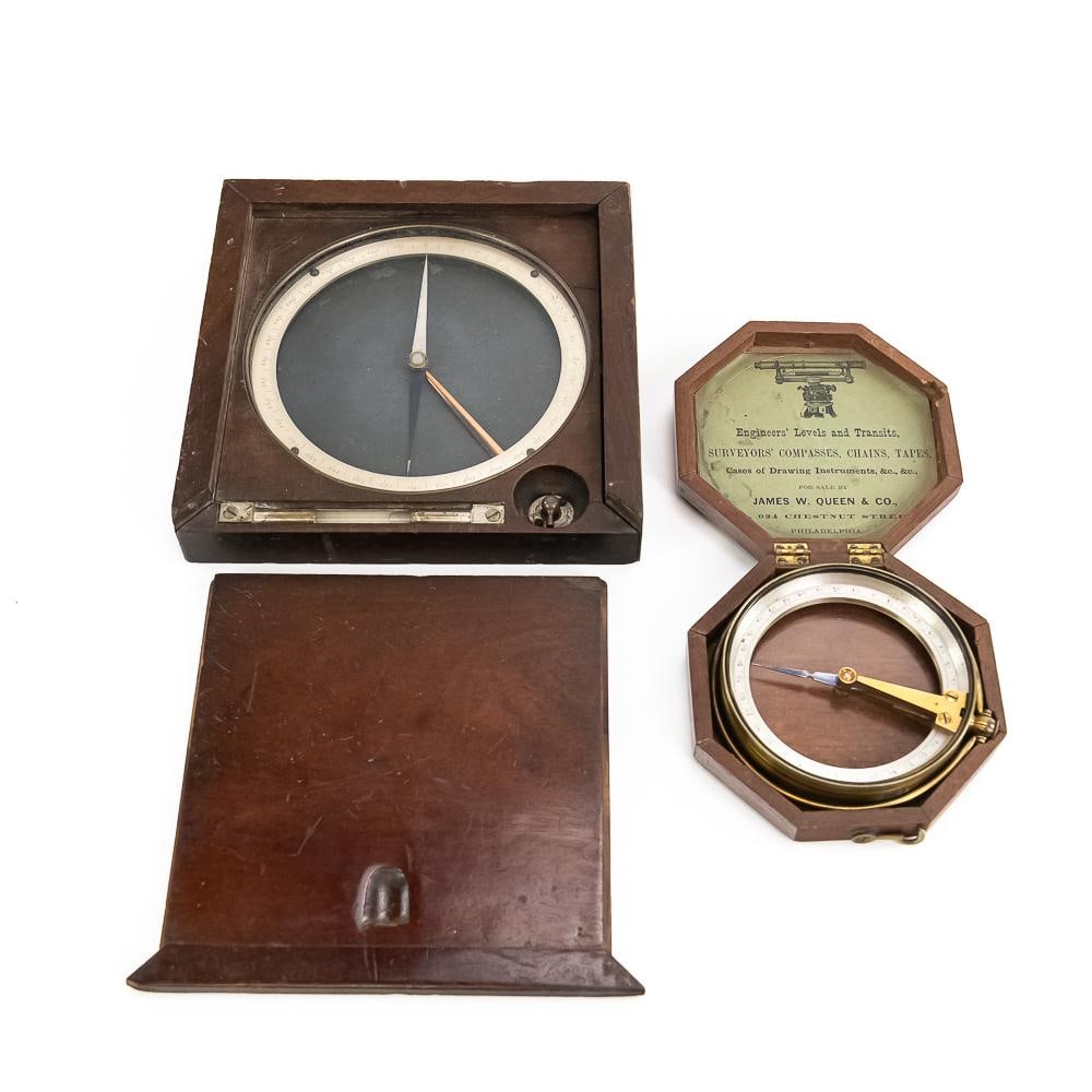 2 Antique Surveyor Compasses J W Queen: This fine pair of 19th-century scientific surveying instruments highlights exceptional American craft and engineering, featuring a square mahogany-cased surveyor's compass with an integrated tubular