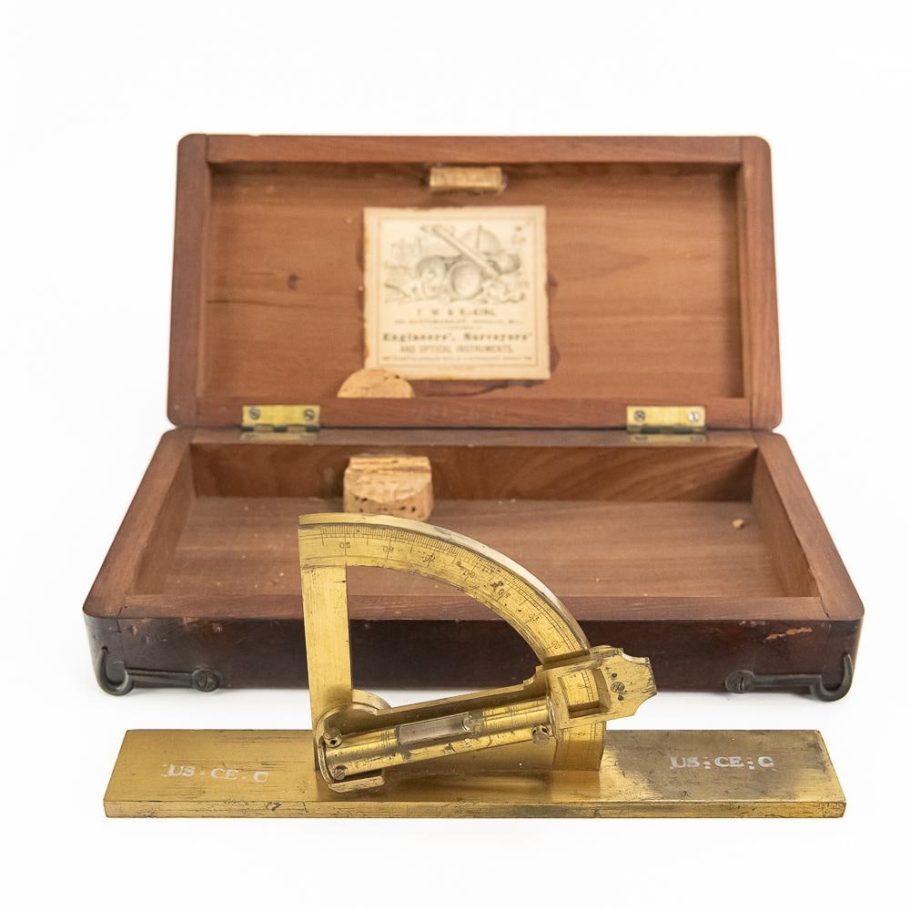 Antique Brass Abney Level F.W. & R. King: An exceptional piece of mid-to-late 19th-century American surveying history, this solid brass Abney level/clinometer was manufactured by F.W. & R. King of 226 Baltimore St., Baltimore, Maryland.