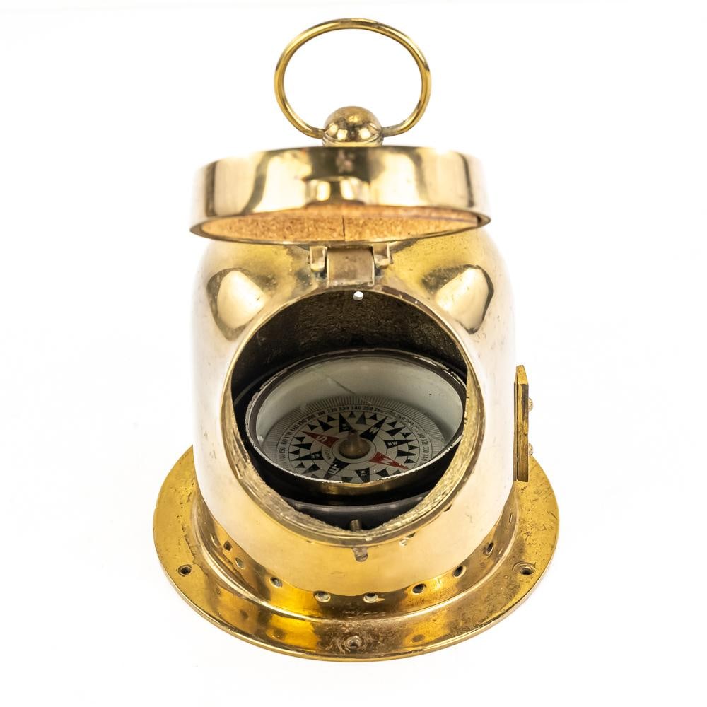 Vintage Maritime Binnacle Compass: Vintage Maritime Binnacle Compass, used on ships and boats to house and protect a magnetic compass, brass helmet-shaped dome protects internal compass card from harsh weather, flip up glass port at th