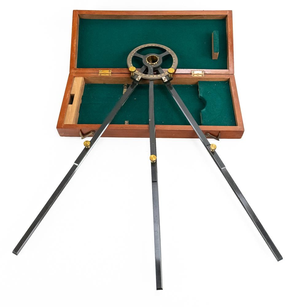 1910 HMS Worcester Station Pointer Set-Named: An exceptional, historically significant maritime find, this brass station pointer (three-arm protractor) navigational instrument is housed in its original brass-bound mahogany case with a vibrant