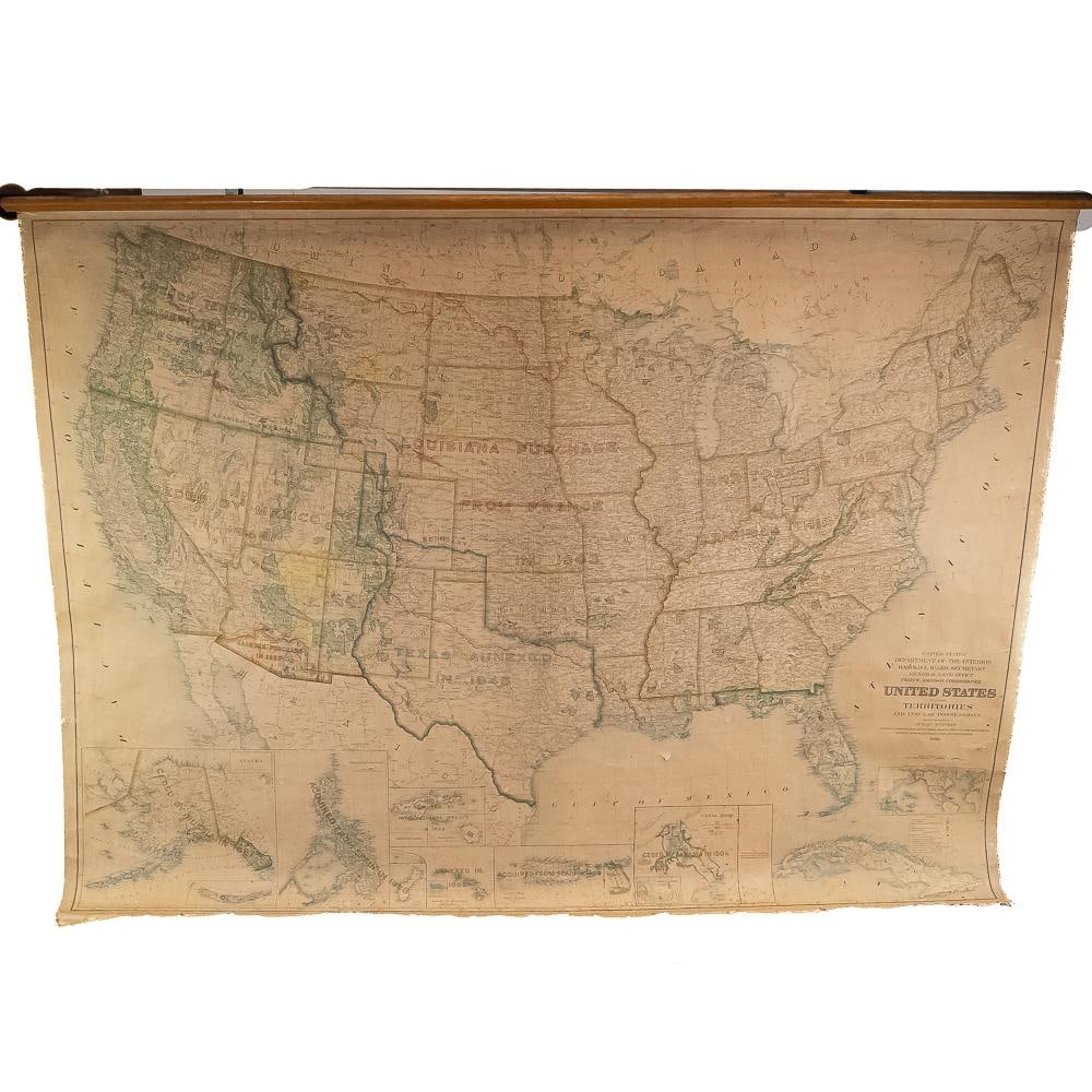 1938 US General Land Office Wall Map: An impressive 1938 wall map of the United States, including territories and insular possessions, issued by the United States Department of the Interior, General Land Office under Secretary Harold L.