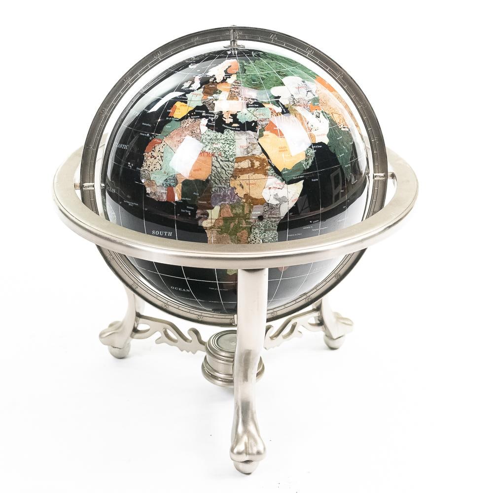 Polished Onyx-Style Globe W/Stand: An impressive contemporary tabletop world globe featuring a polished black onyx-style matrix ocean inlaid with colorful semi-precious stone and mother-of-pearl landmasses delineating individual