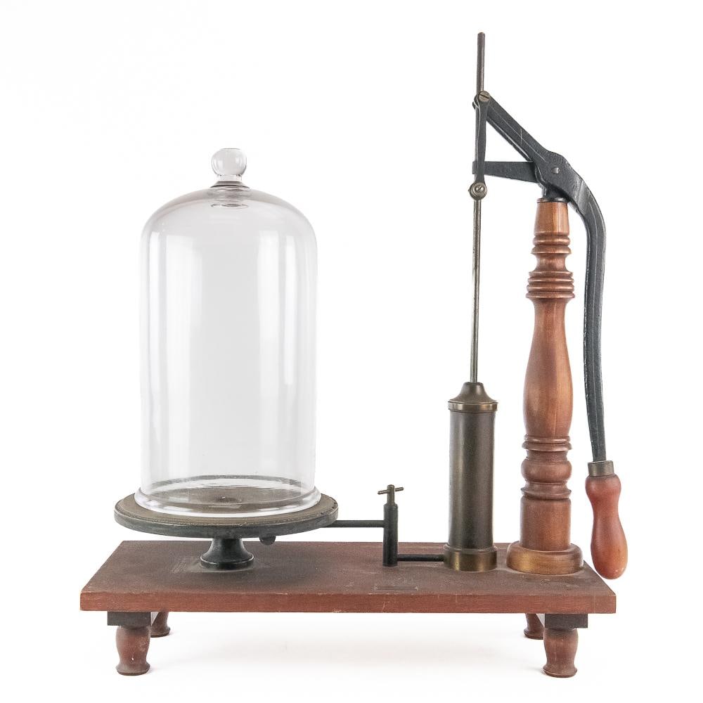 Antique Central Scientific Co. Vacuum Pump: An exceptional late 19th to early 20th-century scientific laboratory apparatus, this manual vacuum pump was manufactured by the Central Scientific Co. of Chicago, Illinois, as verified by its original