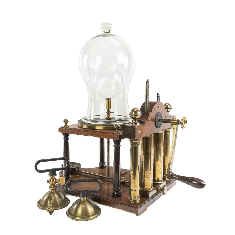 19th-C. Double-Barrel Vacuum Pump Set Lot: This remarkable complete 19th-century double-barrel laboratory vacuum pump apparatus stands as a phenomenal testament to Victorian-era scientific exploration. Beautifully constructed with heavy brass 